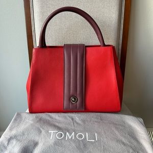 Leather tote handbag in red & sangria color